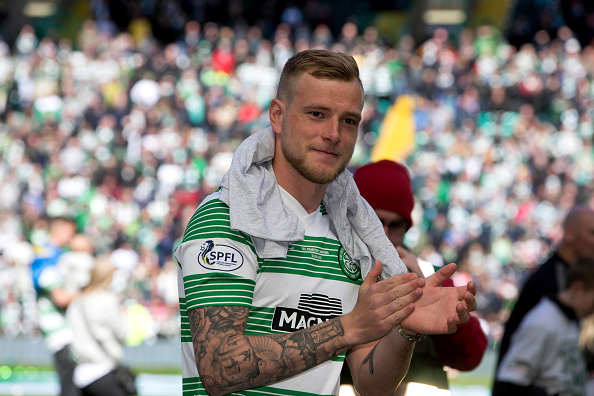John Guidetti applauds the Celtic fans after a Scottish Premiership game