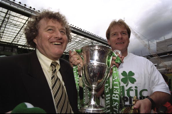 9 May 1998:  Celtic Coach Wim Jansen and Murdo McLeod celebrate after a Scottish Premier League match against St Johnstone at Celtic Park in Glasgo...