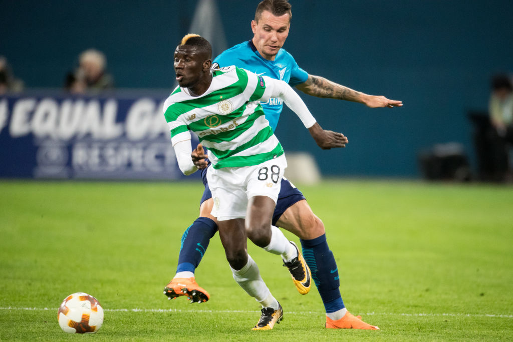 ST PETERSBURG, RUSSIA  - FEBRUARY 22, 2018.  UEFA Europa League, Round of 32: Zenit St Petersburg 3 - 0 Celtic F.C. Celtic's Eboue Kouassi (L) and ...
