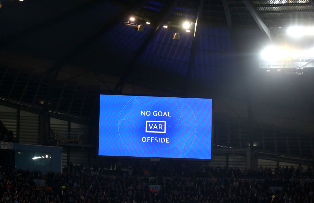 Raheem Sterling of Manchester City's third goal is awarded offside by VAR during the UEFA Champions League Quarter Final second leg match between M...