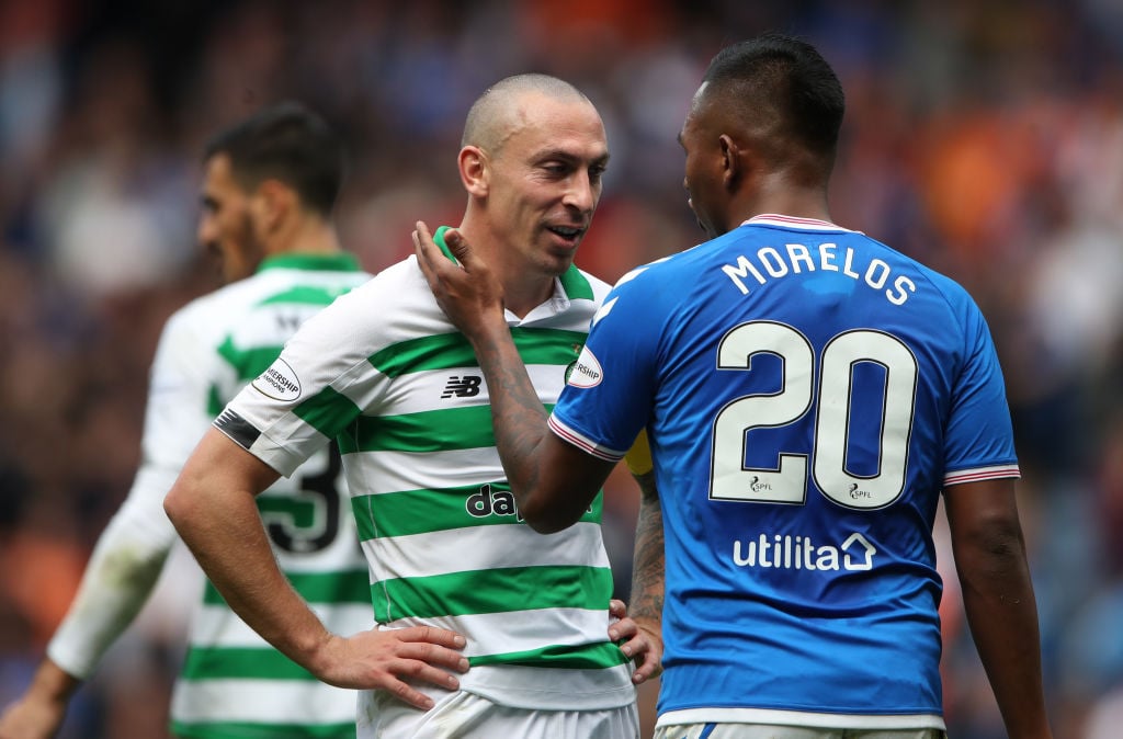 Celtic captain Scott Brown confronts Rangers striker Alfredo Morelos