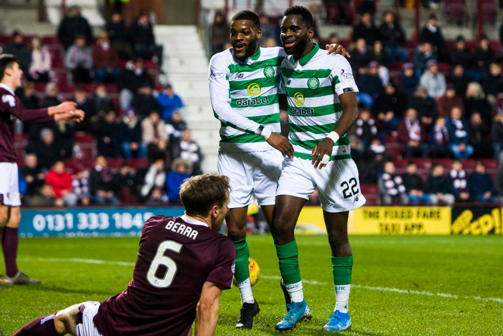 Olivier Ntcham celebrates a Celtic goal with Odsonne Edouard