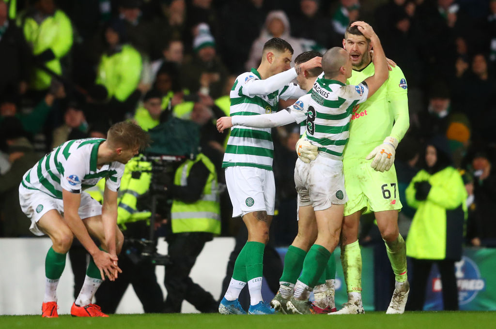 Fraser Forster celebrates Celtic win over Rangers