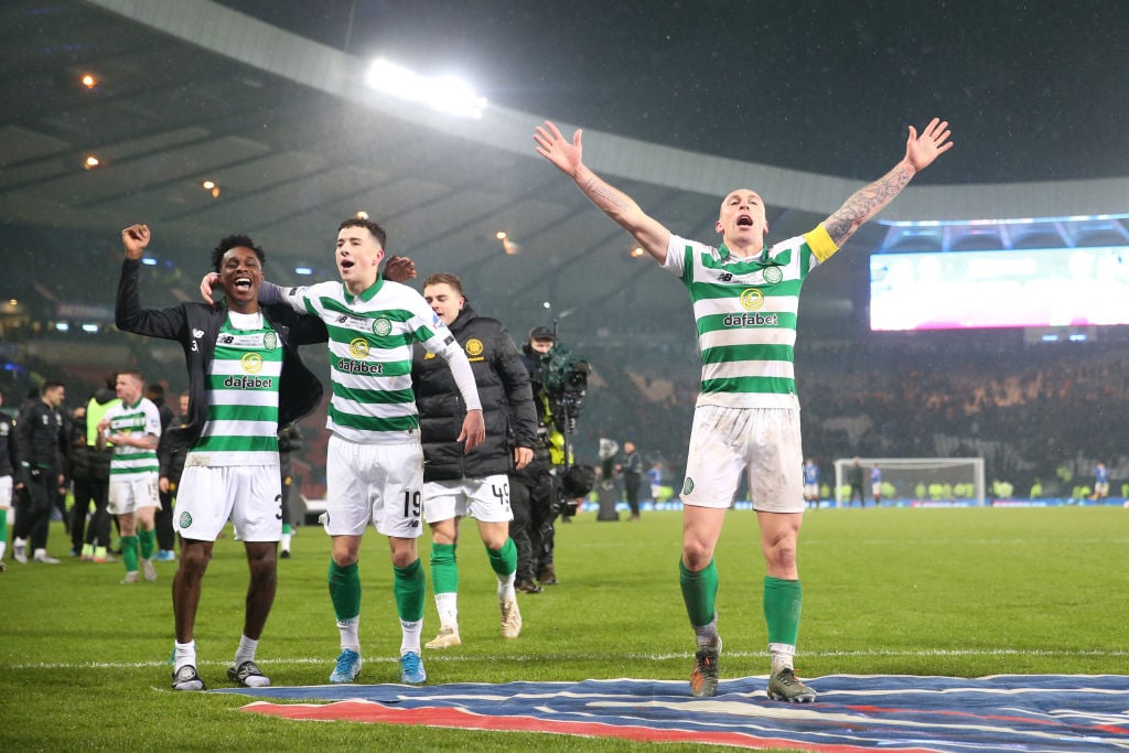 Jeremie Frimpong and teammates celebrate Celtic win v Rangers