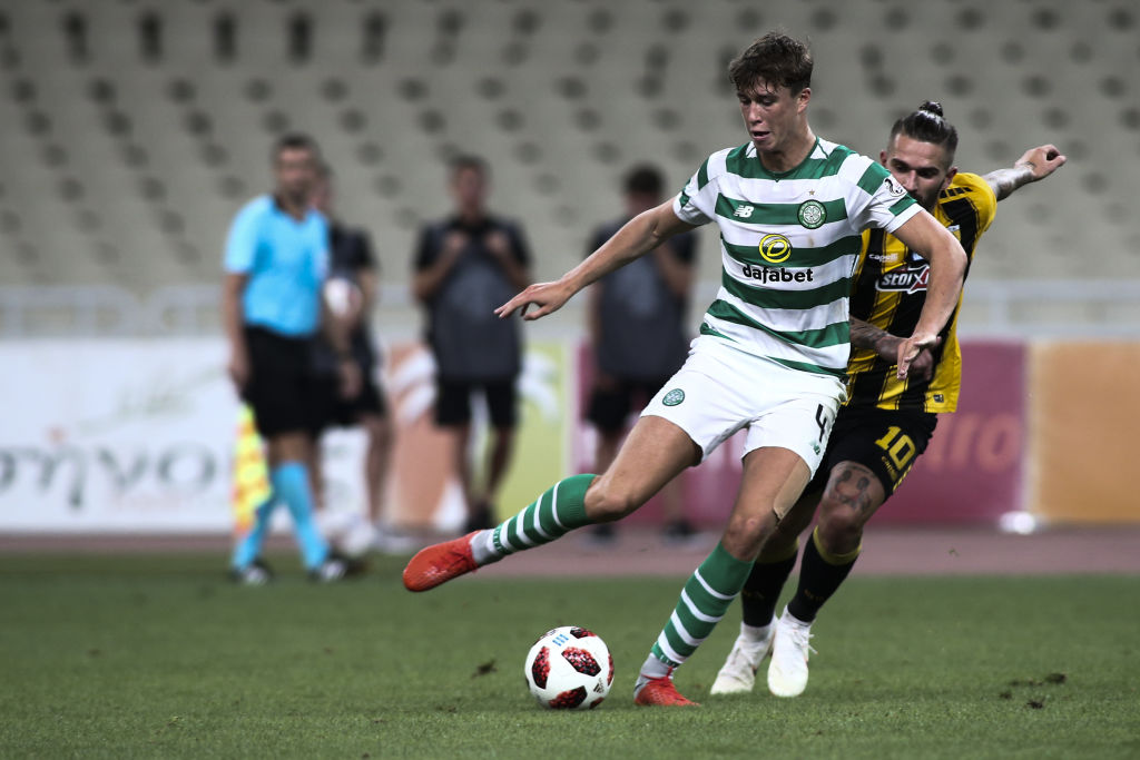 On loan Celtic defender Jack Hendry in action against AEK