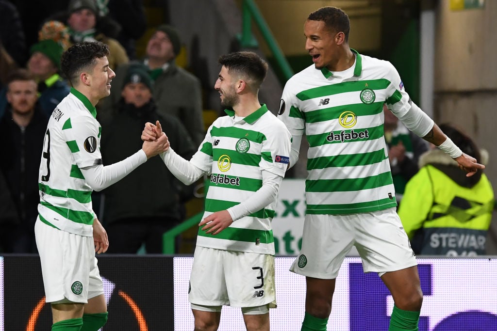 Greg Taylor celebrates a Celtic goal