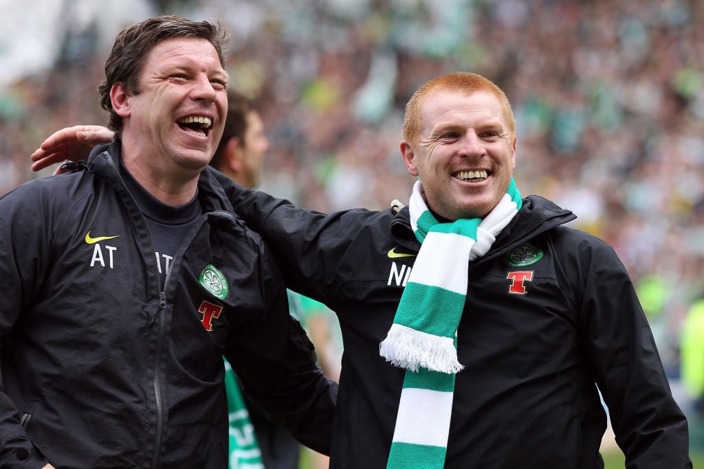 Neil Lennon and Alan Thompson celebrate winning the league at Rugby Park in 2012