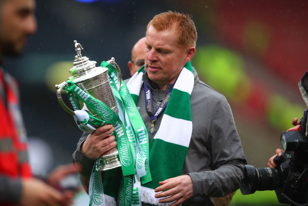 Neil Lennon celebrates last season's Celtic Scottish Cup win