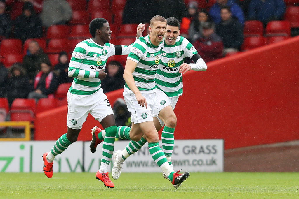 Celtic celebrate a goal at Pittodrie