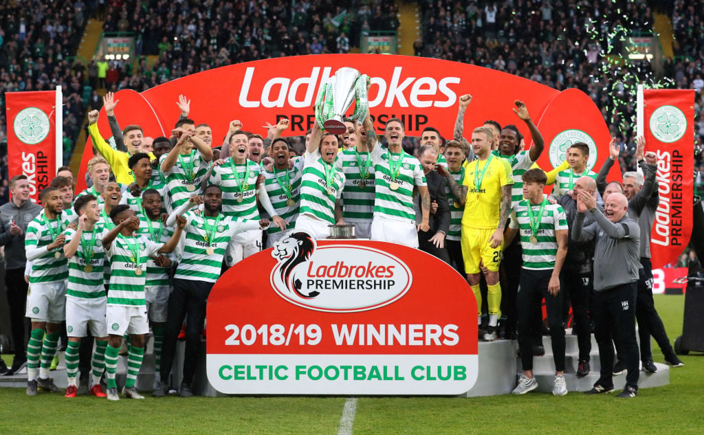 Celtic lift the Premiership trophy