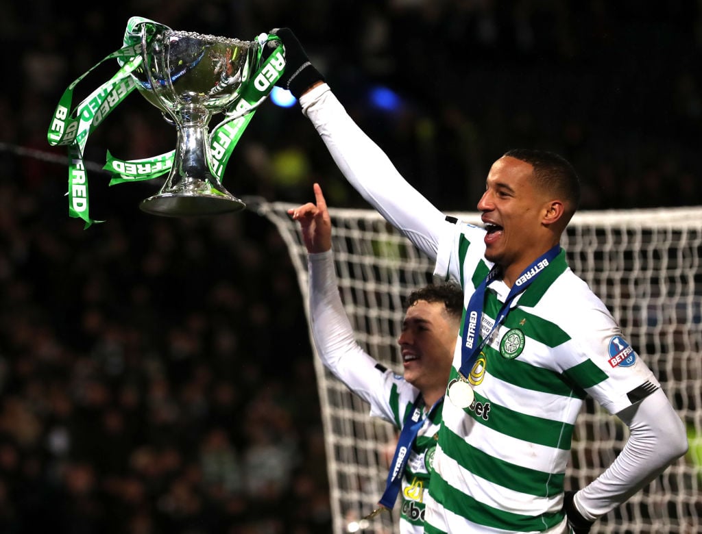 Celtic defender Christopher Jullien celebrates a trophy win