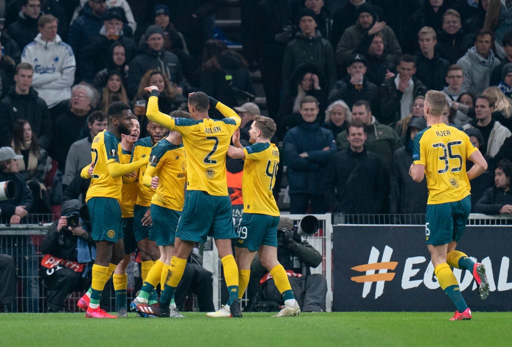 The Celtic players celebrate in Copenhagen