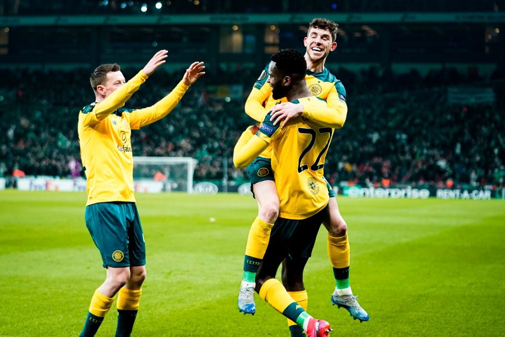 Celtic players celebrate an Odsonne Edouard goal