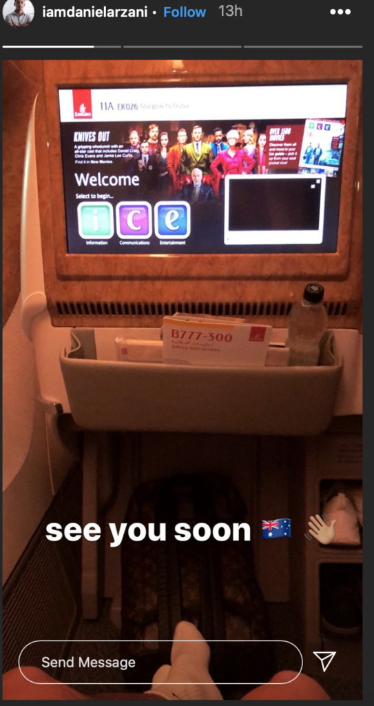 Daniel Arzani's Intagram story