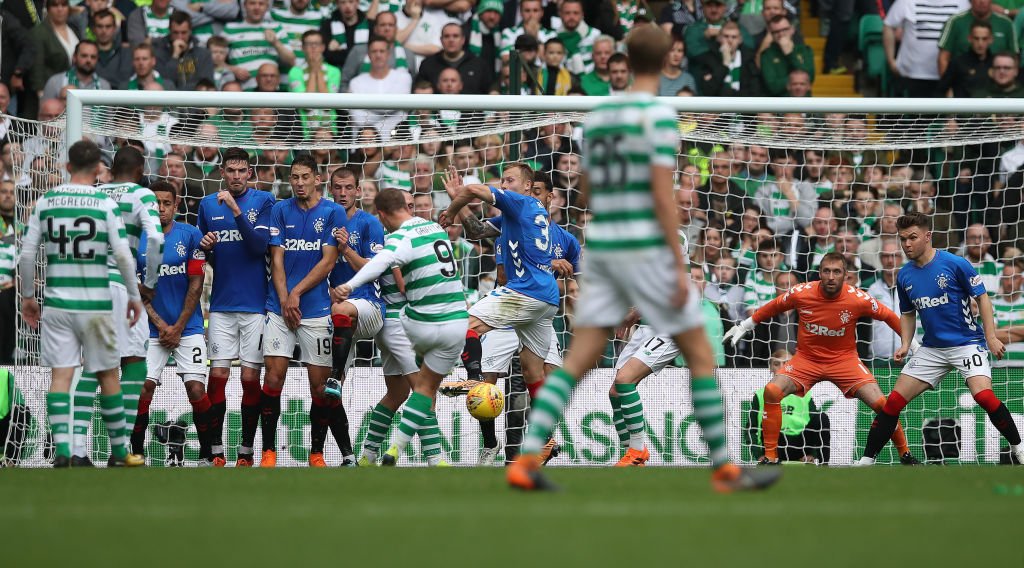 Griffiths taking a free-kick against Rangers