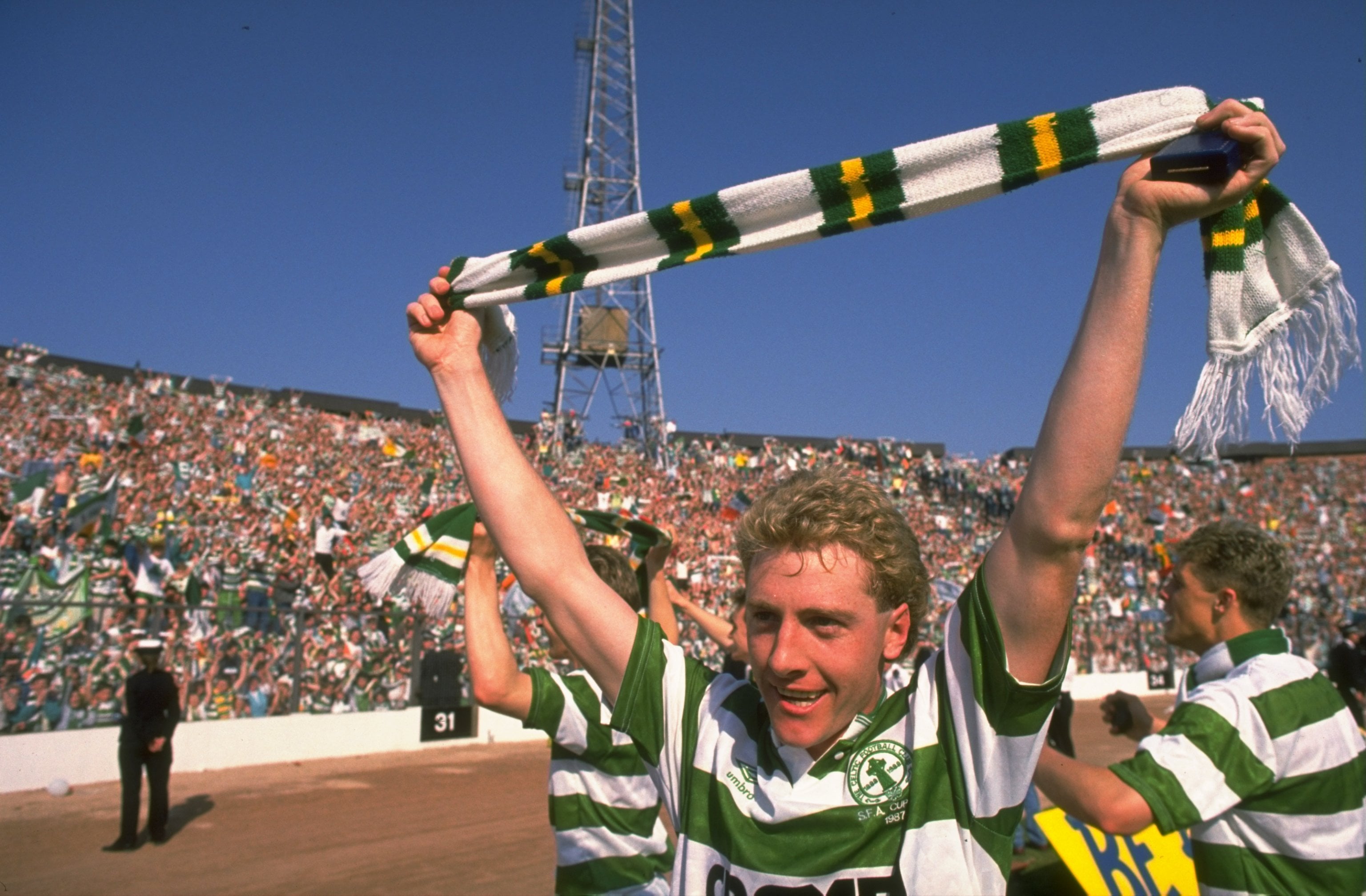 1988:  Frank McAvennie of Celtic celebrates after the Scottish Cup Final match against Dundee United at Hampden Park in Glasgow, Scotland. Celtic w...