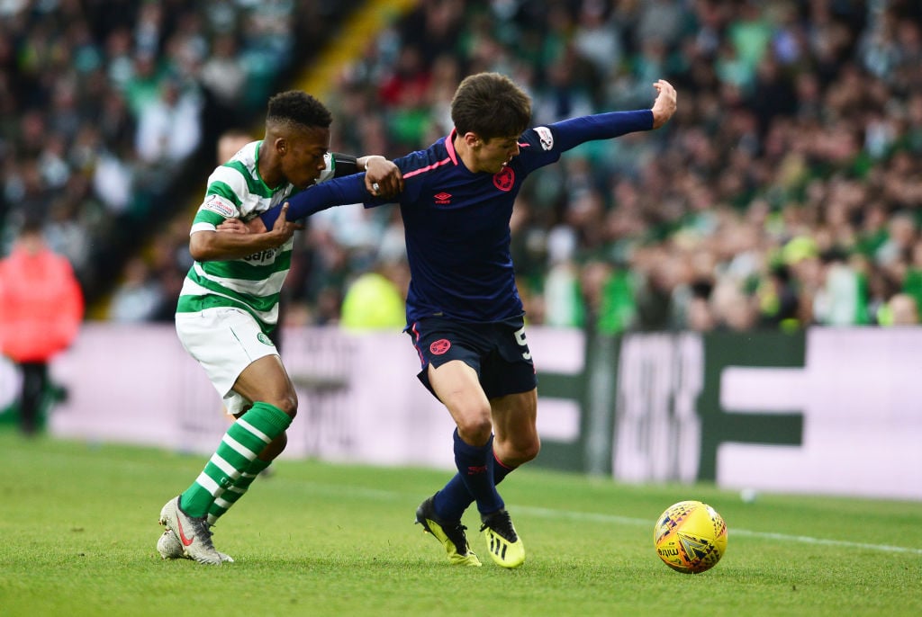 Hearts youngster Aaron Hickey in action against Celtic