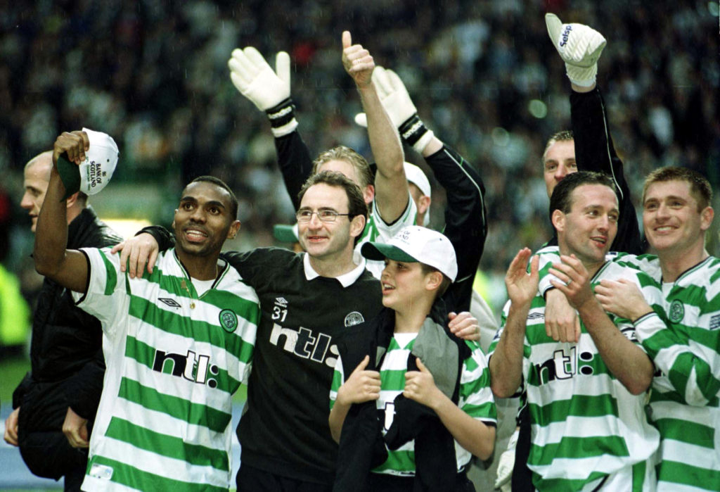 Former Celtic manager Martin O'Neill celebrates a trophy win