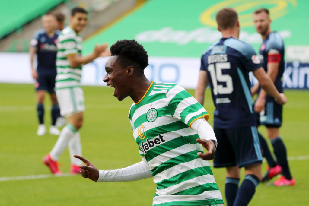 Jeremie Frimpong celebrates his goal for Celtic against Hamilton