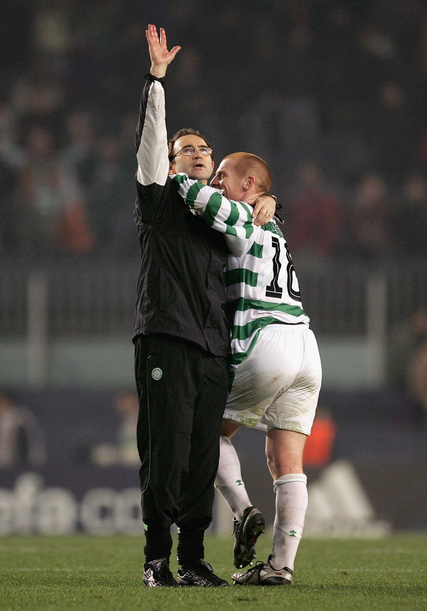 Neil Lennon and Martin O'Neill celebrate a Celtic result in Barcelona