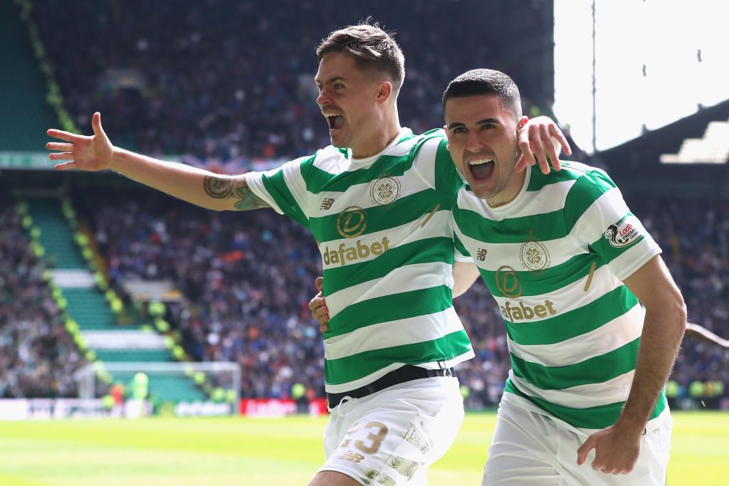 Tom Rogic celebrates with Mikael Lustig