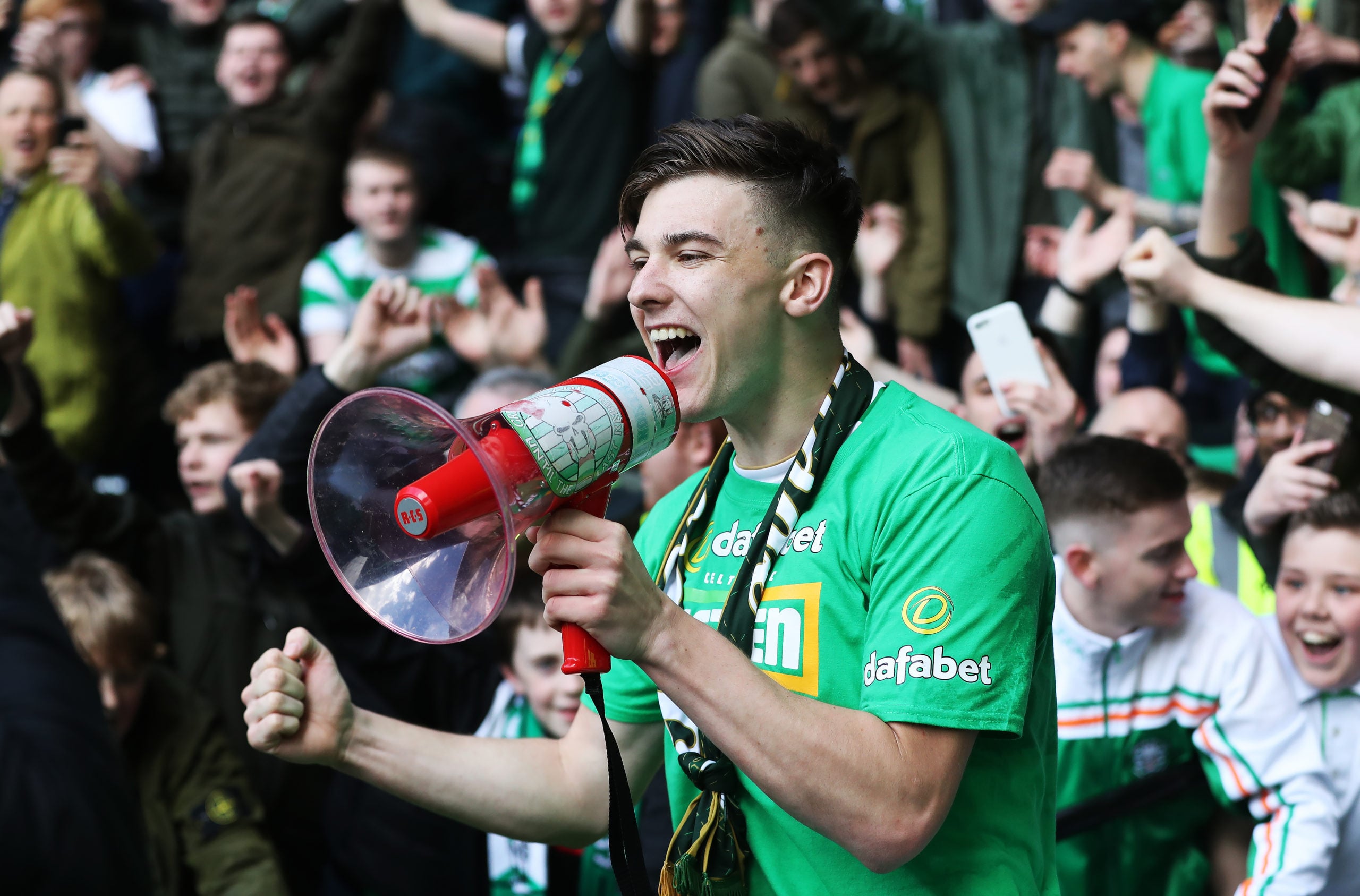 Kieran Tierney celebrates with Celtic fans