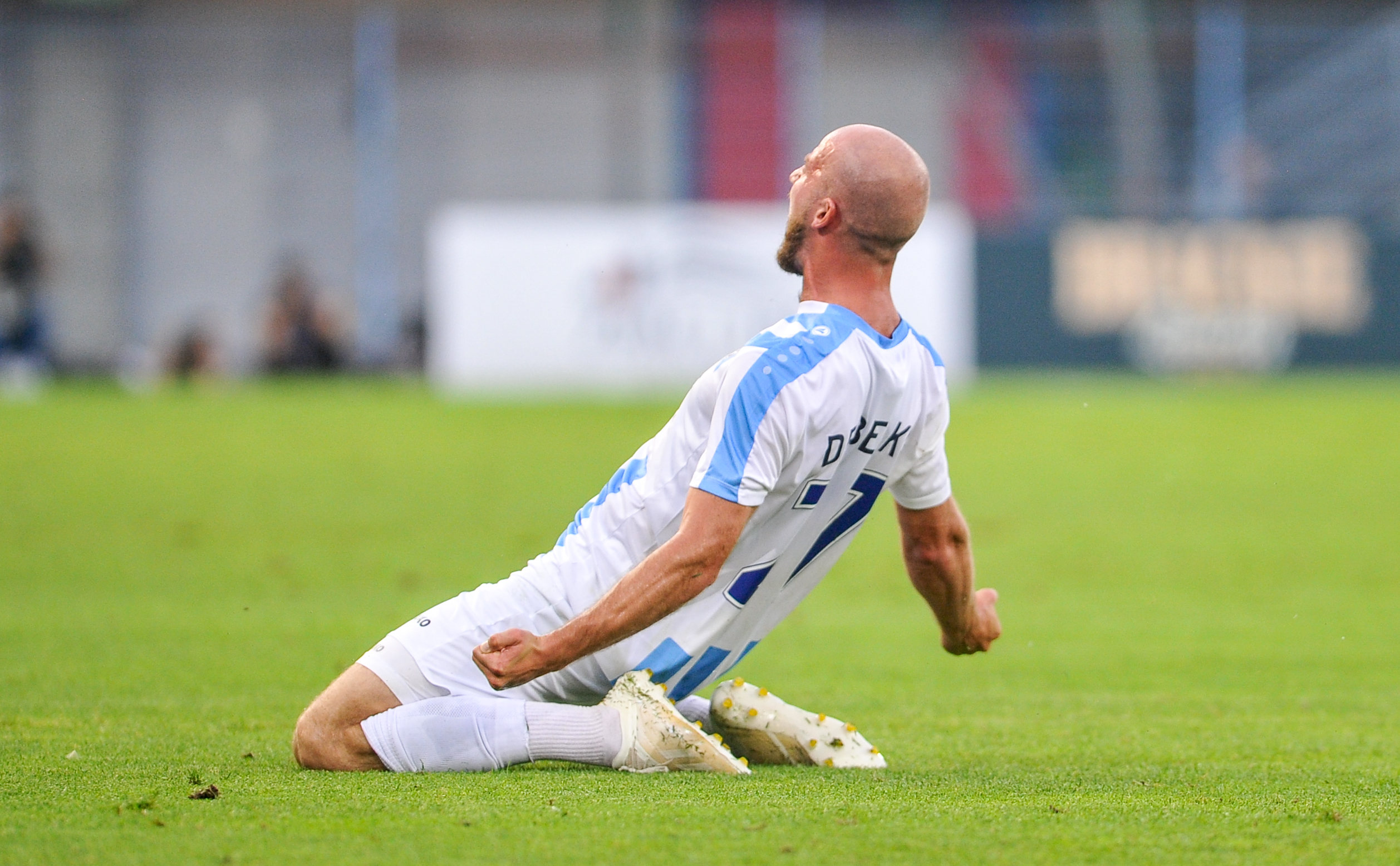 Riga's Roman Debelko celebrates
