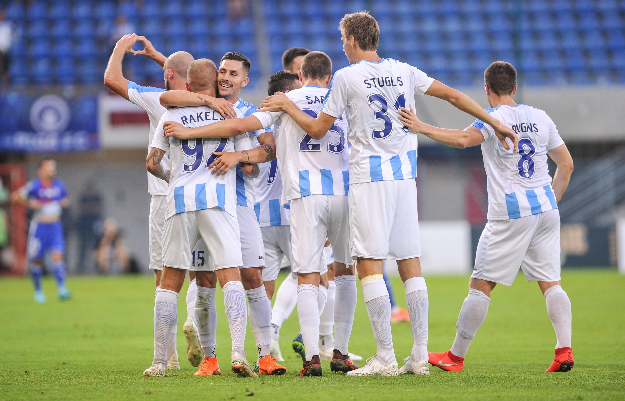 Riga FC celebrate a goal in Europe