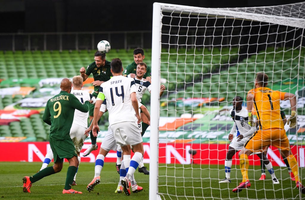 Shane Duffy comes close with a header for Ireland