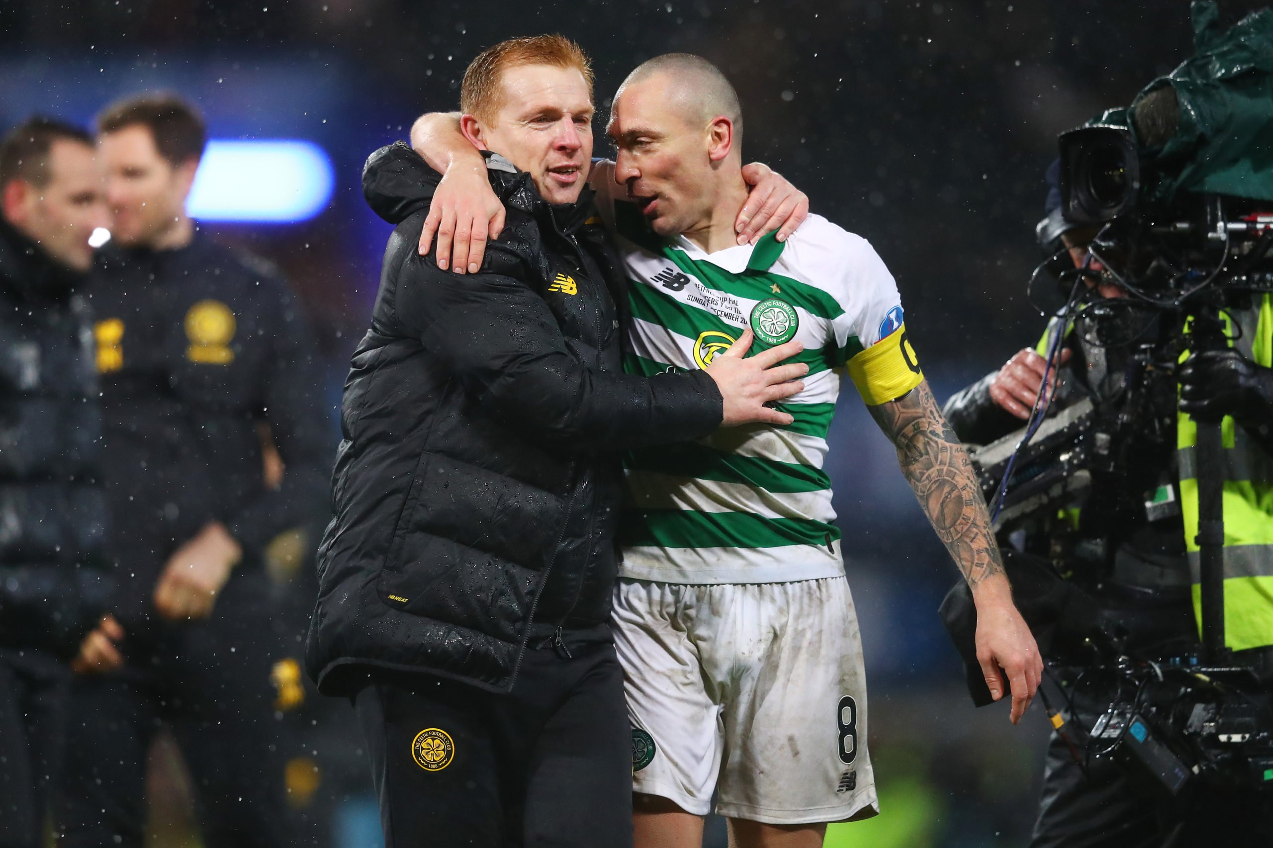 Scott Brown and Neil Lennon celebrate a Celtic victory