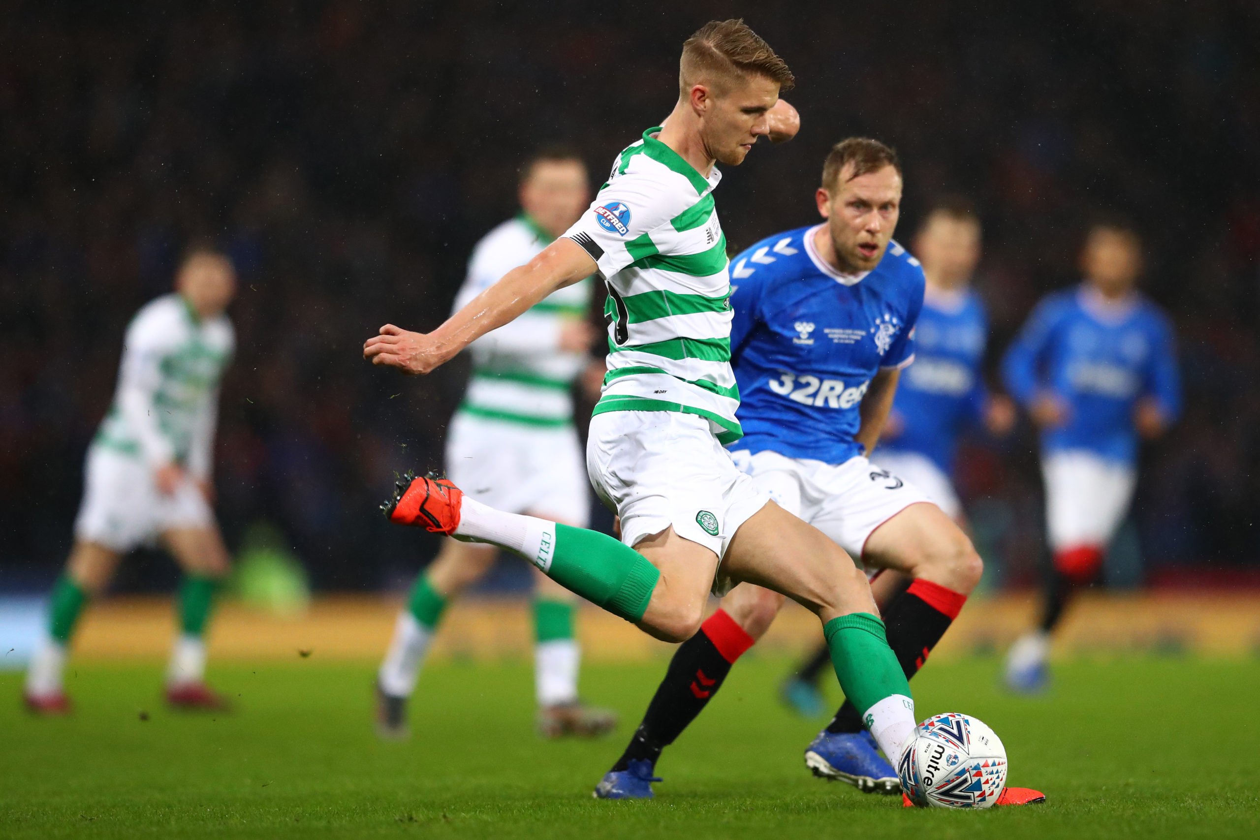 Celtic defender Kristoffer Ajer in action against Rangers
