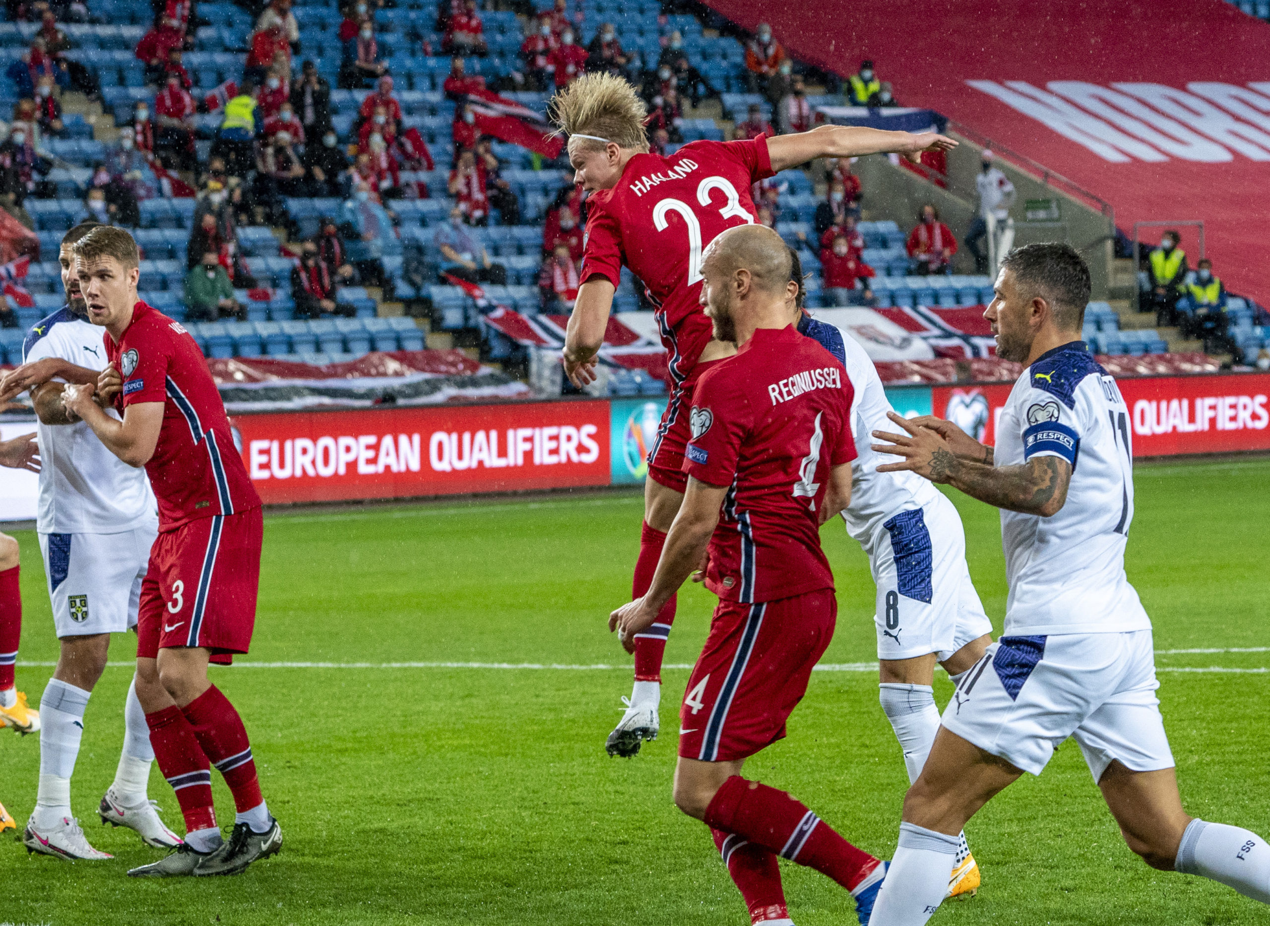 Kris Ajer heads an effort on goal vs Serbia