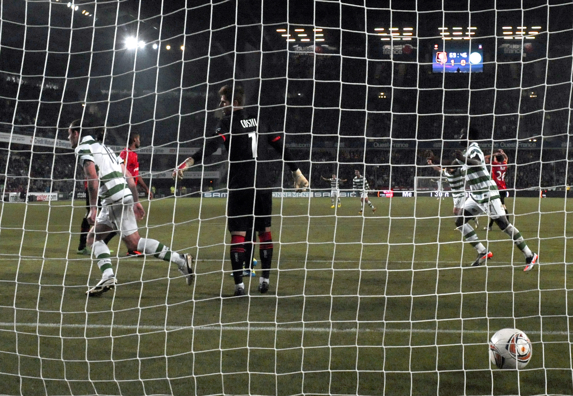 Celtic celebrate Joe Ledley's goal against Rennes back in 2011