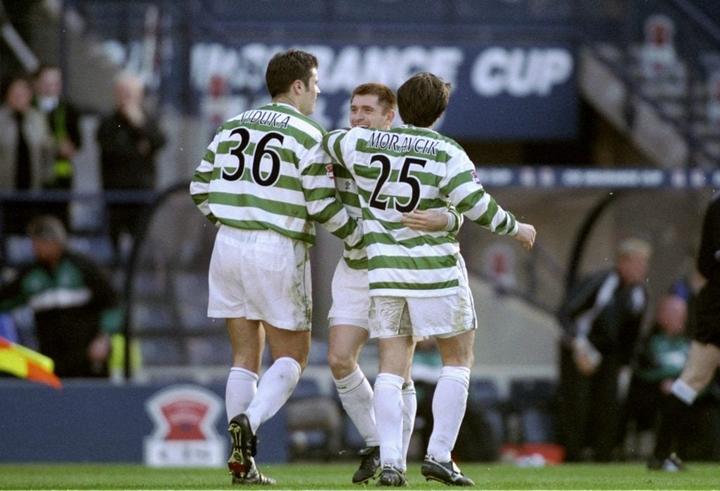 Mark Viduka and Lubomir Moravcik celebrate a Celtic goal