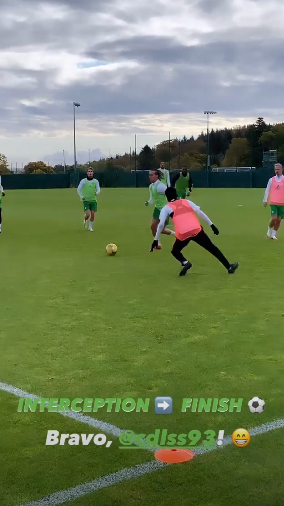 Diego Laxalt scores during a Celtic training game at Lennoxtown
