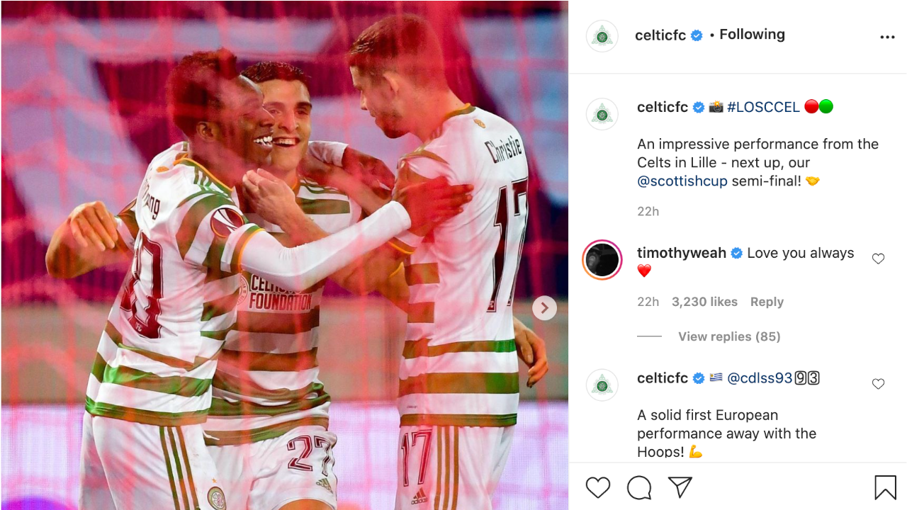 Timothy Weah's response to Celtic on Instagram