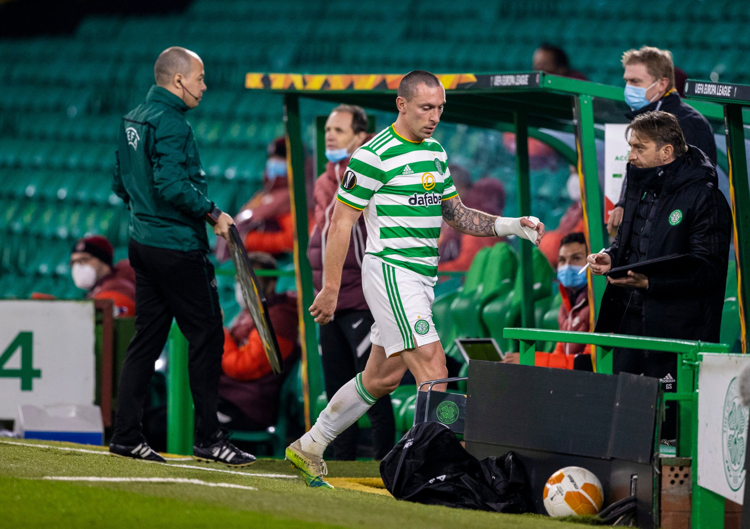 Scott Brown is subbed during Celtic's loss to Sparta Prague