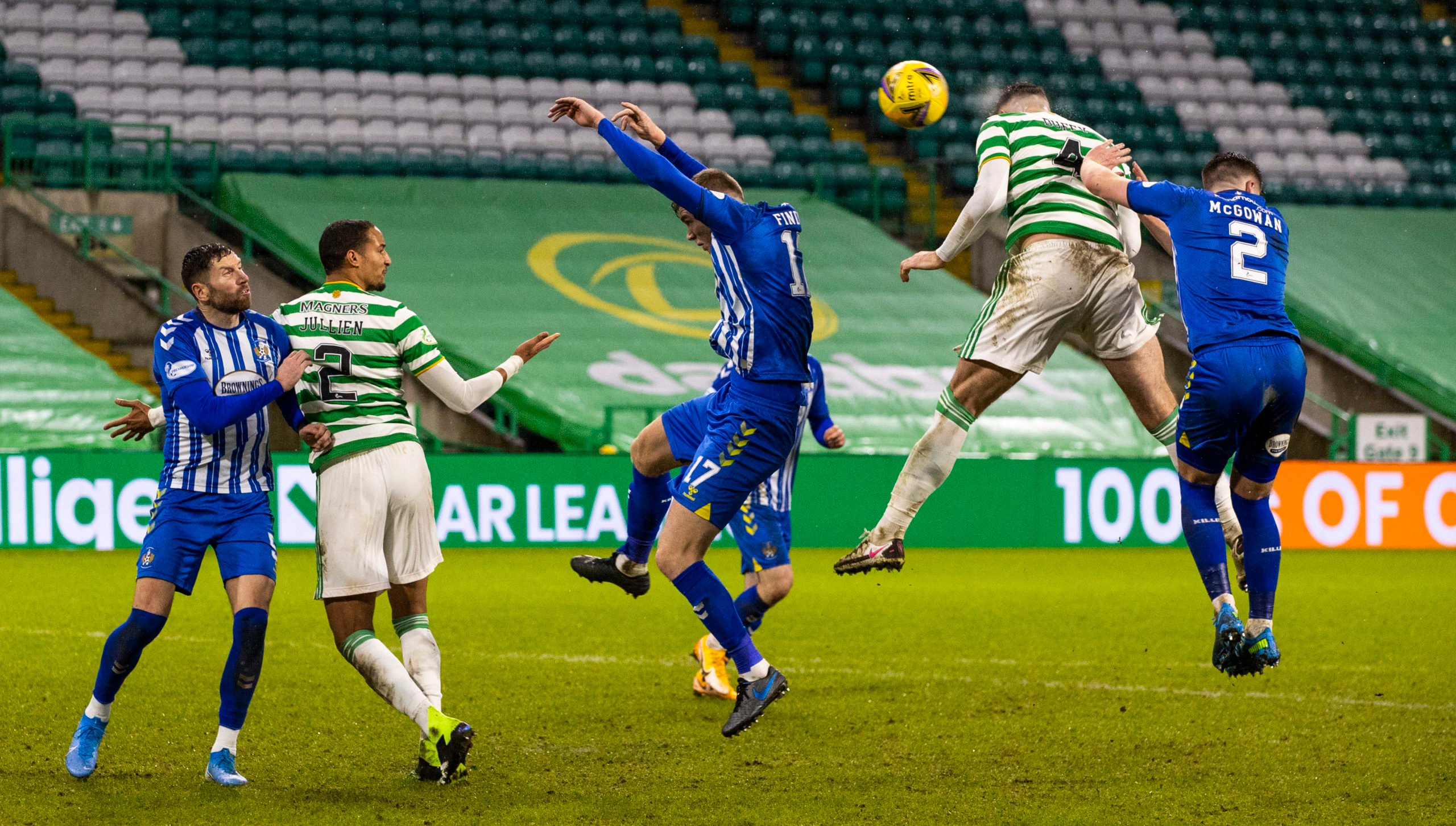Celtic defender Shane Duffy powers home a header vs Kilmarnock