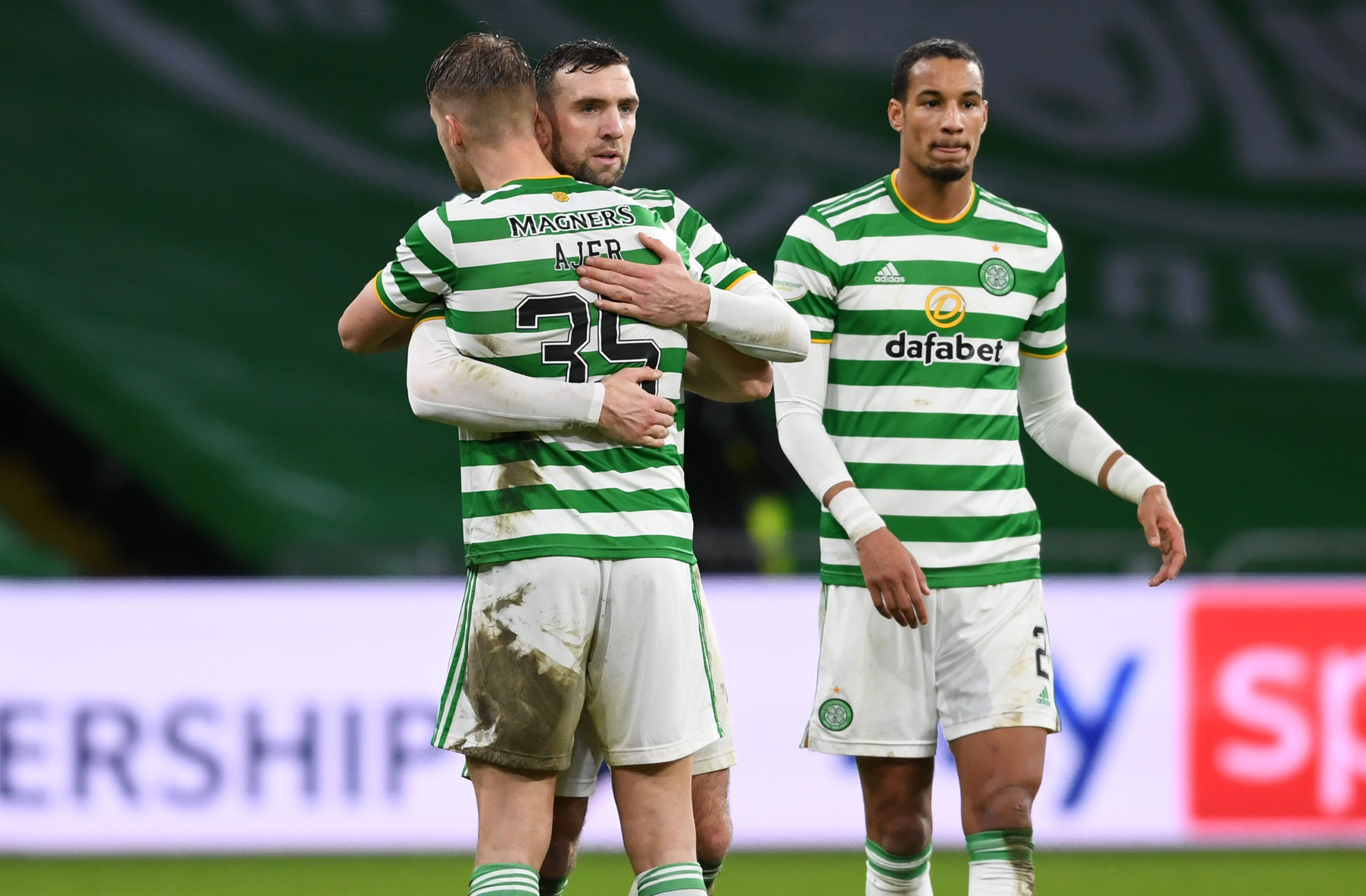 Celtic defenders Kris Ajer and Shane Duffy embrace