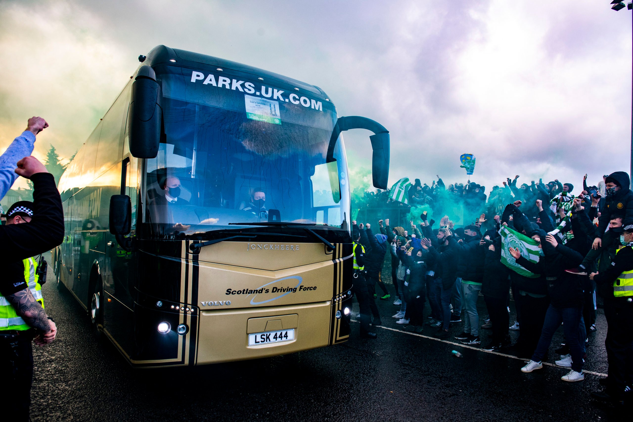Fans welcome the Celtic team bus at Hampden