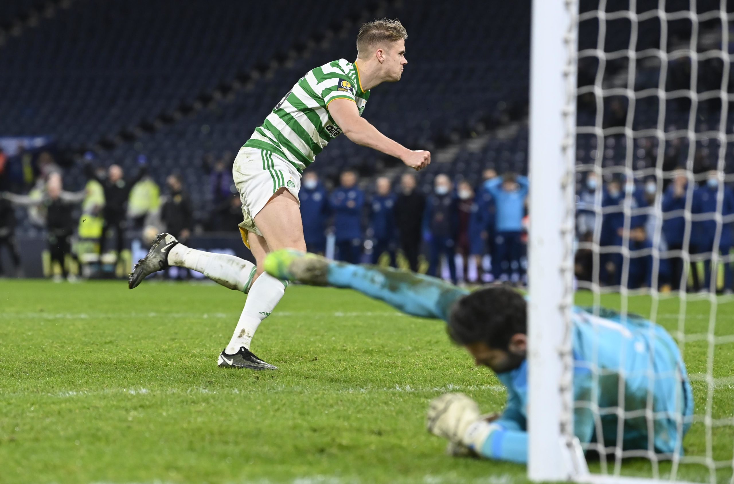Celtic's Kristoffer Ajer wheels away in celebration vs Hearts