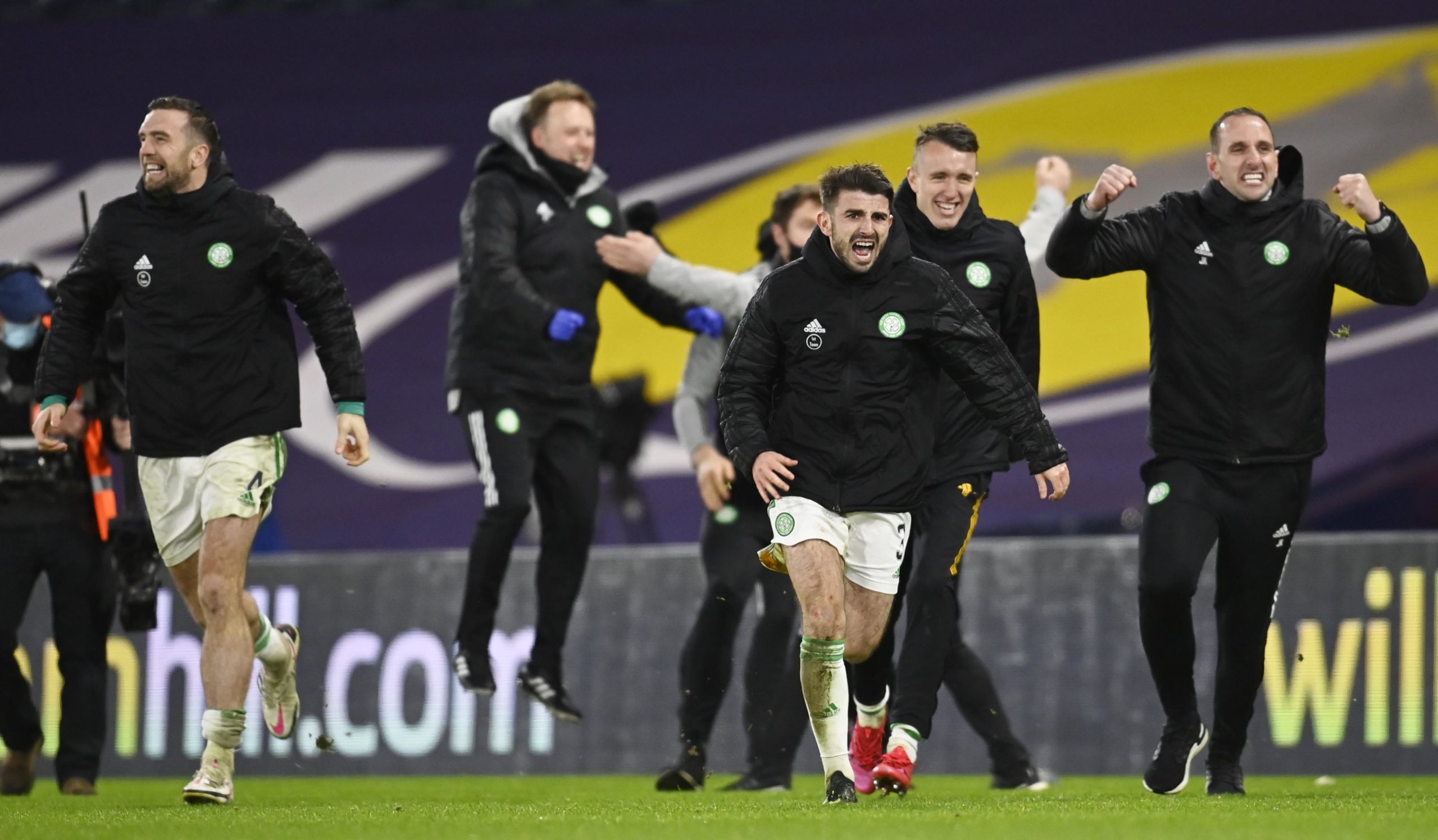 Shane Duffy (left) celebrates with his Celtic teammates at Hampden