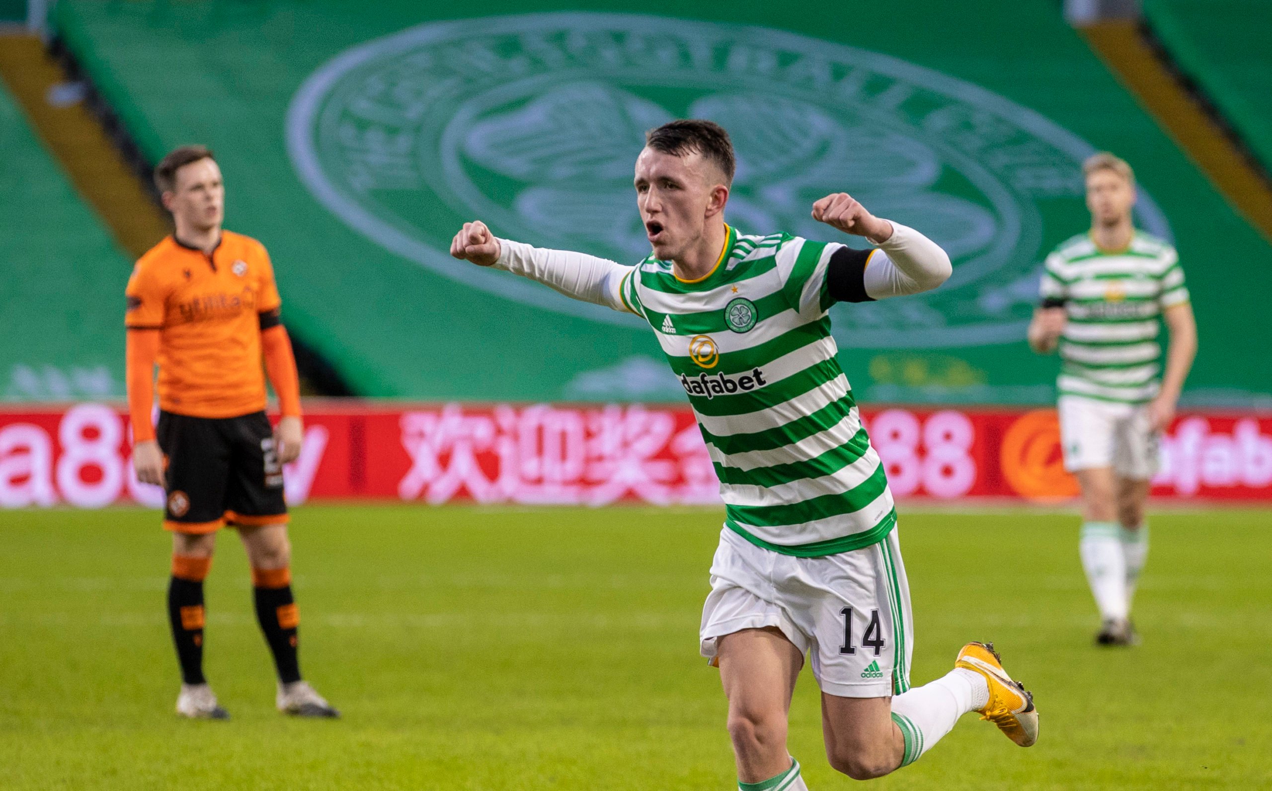 Celtic midfielder David Turnbull celebrates against Dundee United