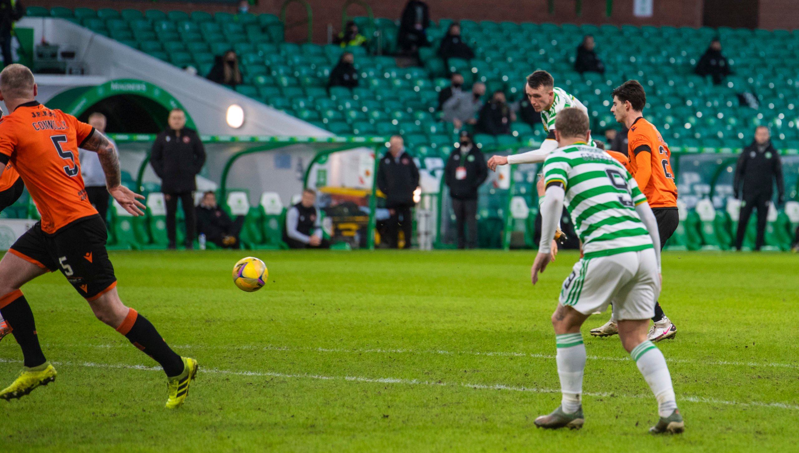 Celtic midfielder David Turnbull scores against Dundee United