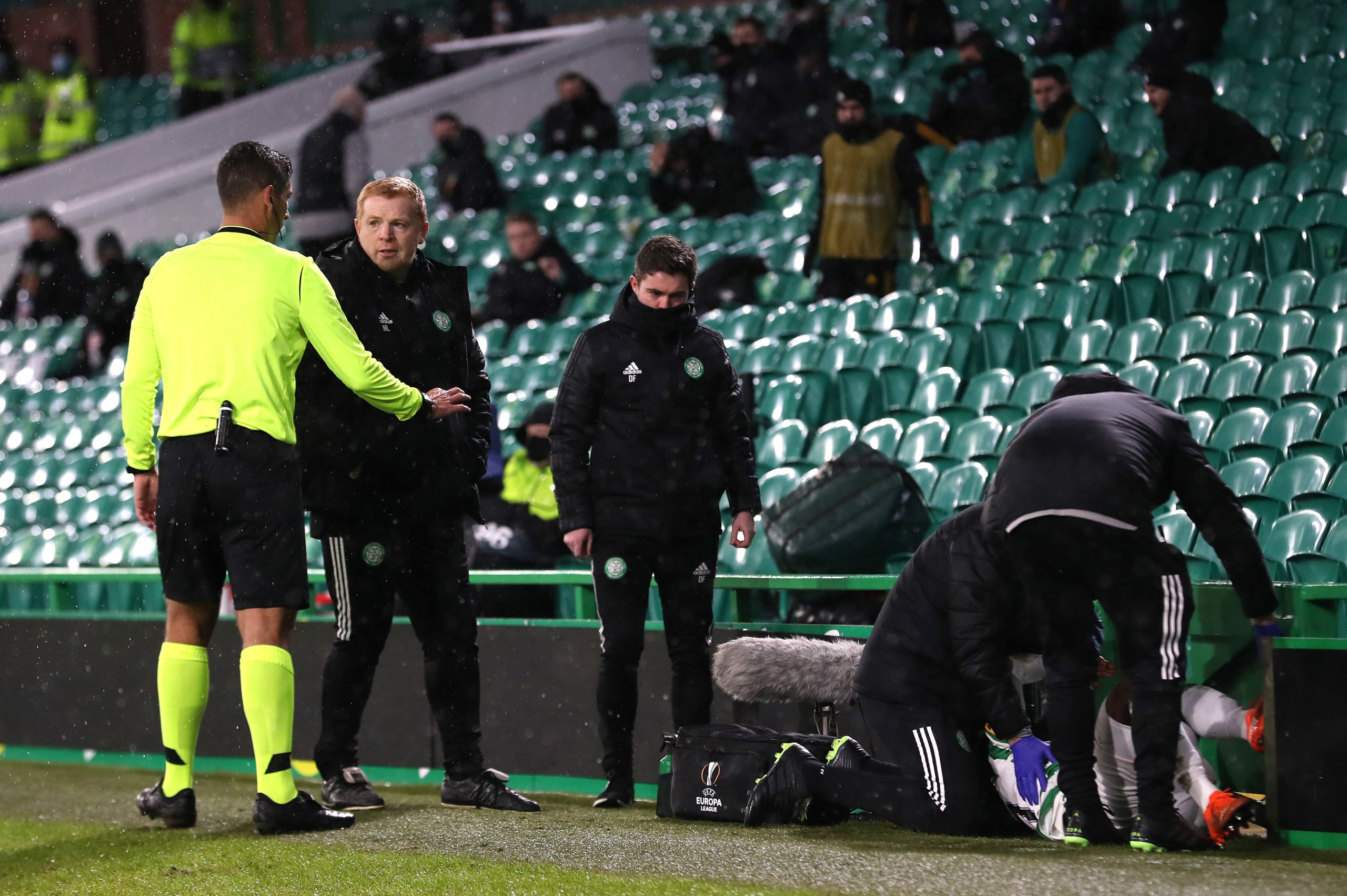 Jeremie Frimpong receives treatment at Celtic Park