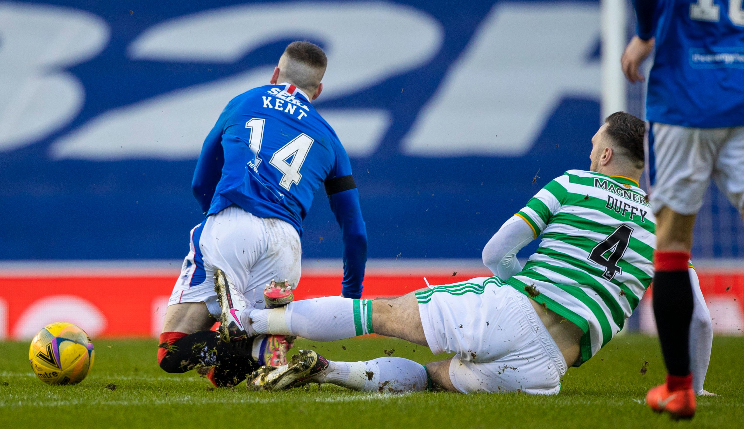 Celtic defender Shane Duffy takes down Ryan Kent