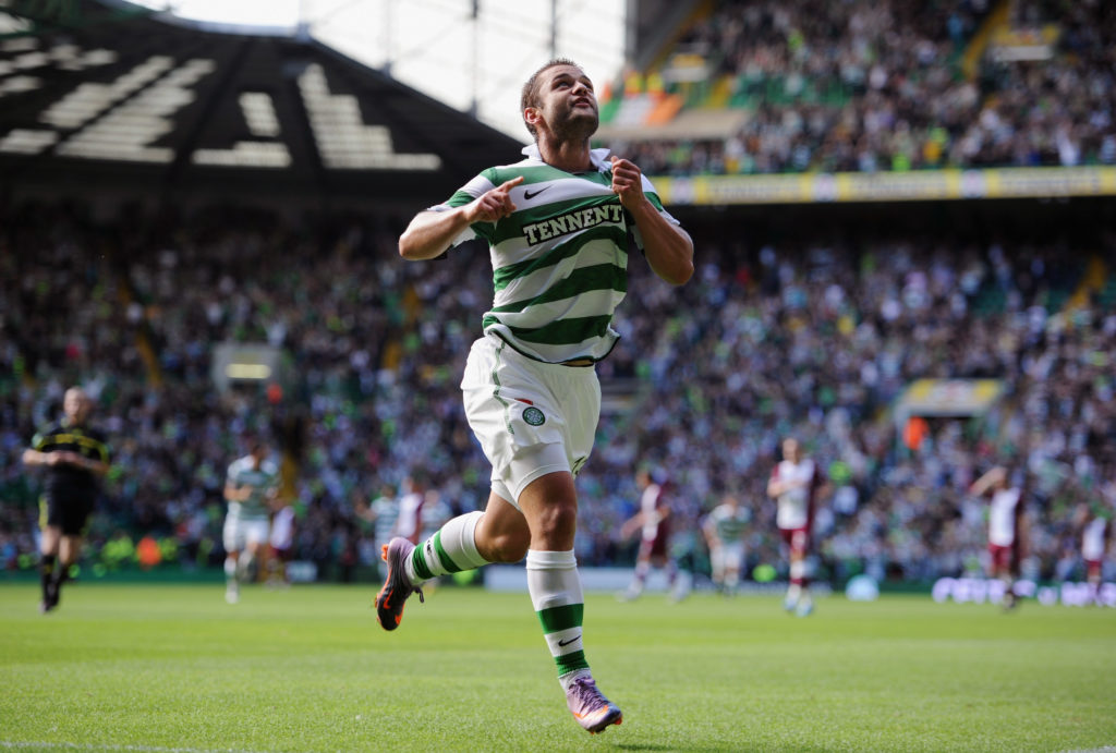 Shaun Maloney of Celtic celebrates after scoring during the Clydesdale Bank Premier League match between Celtic and Hearts at Celtic Park