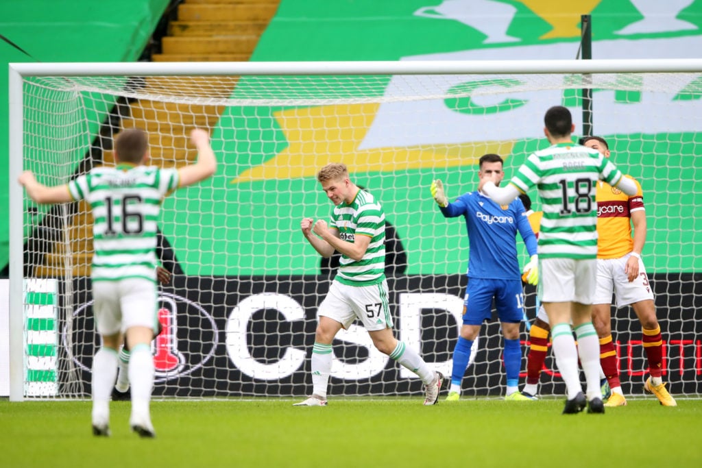 Stephen Welsh of Celtic celebrates after scoring their side's first goal during the Ladbrokes Scottish Premiership match between Celtic and Motherwell at Celtic Park