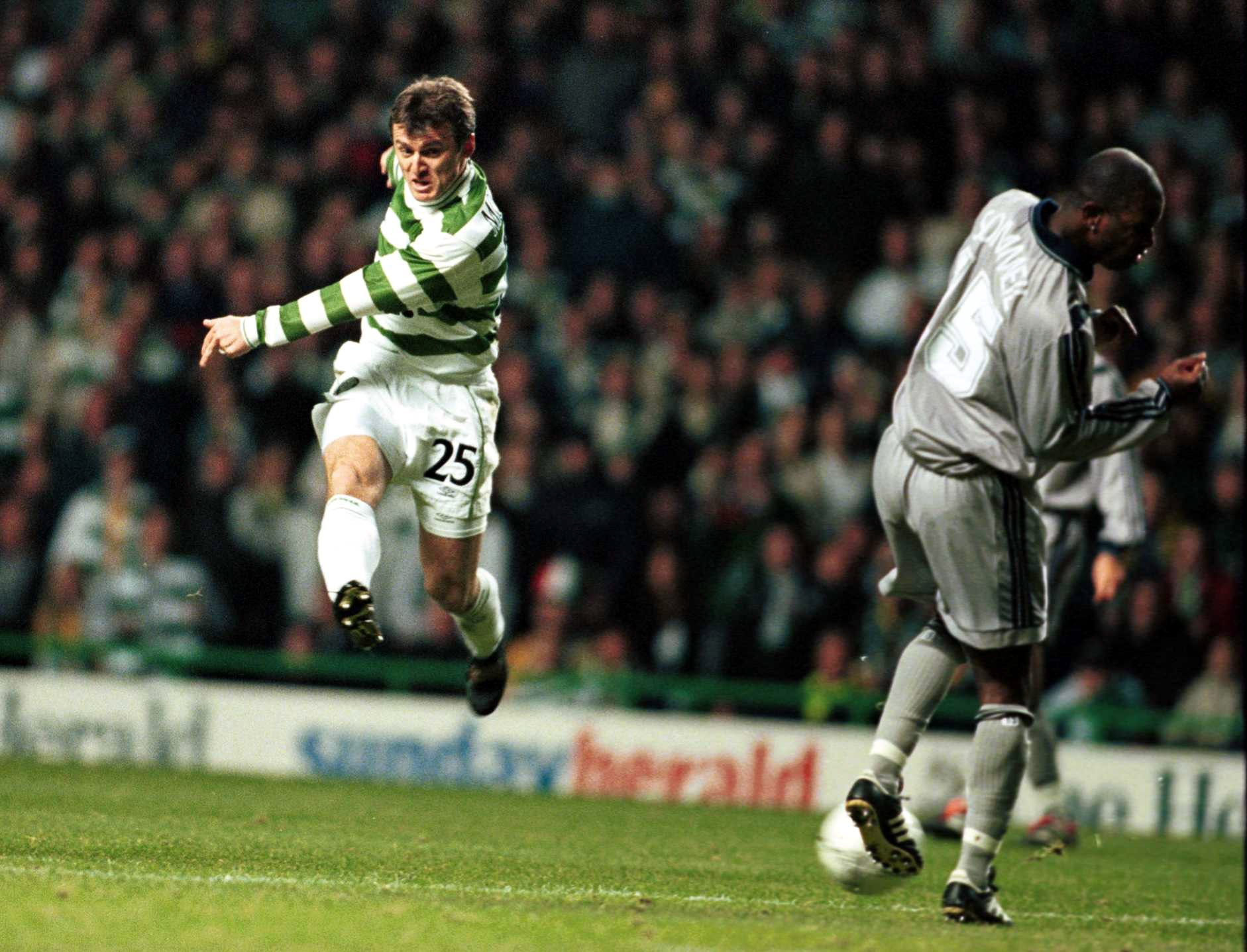 9 Nov 2000:  Lubo Moravcik of Celtic shoots past David Sommeil of Bordeaux to score during the UEFA Cup Second Round, Second Leg match between Celt...