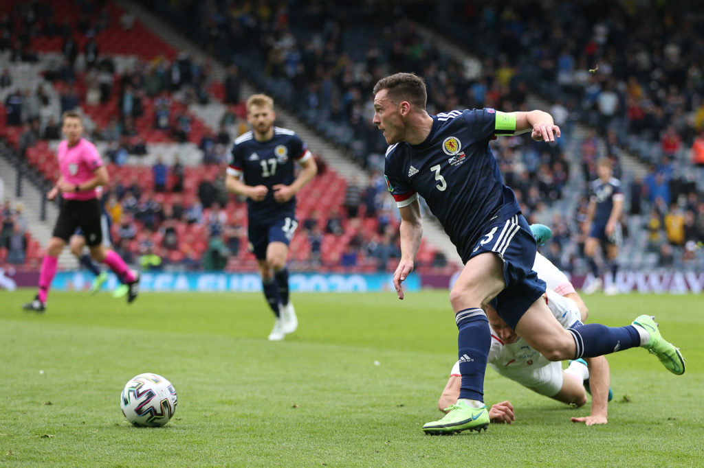 Celtic fan and Liverpool defender Andy Robertson in action for Scotland